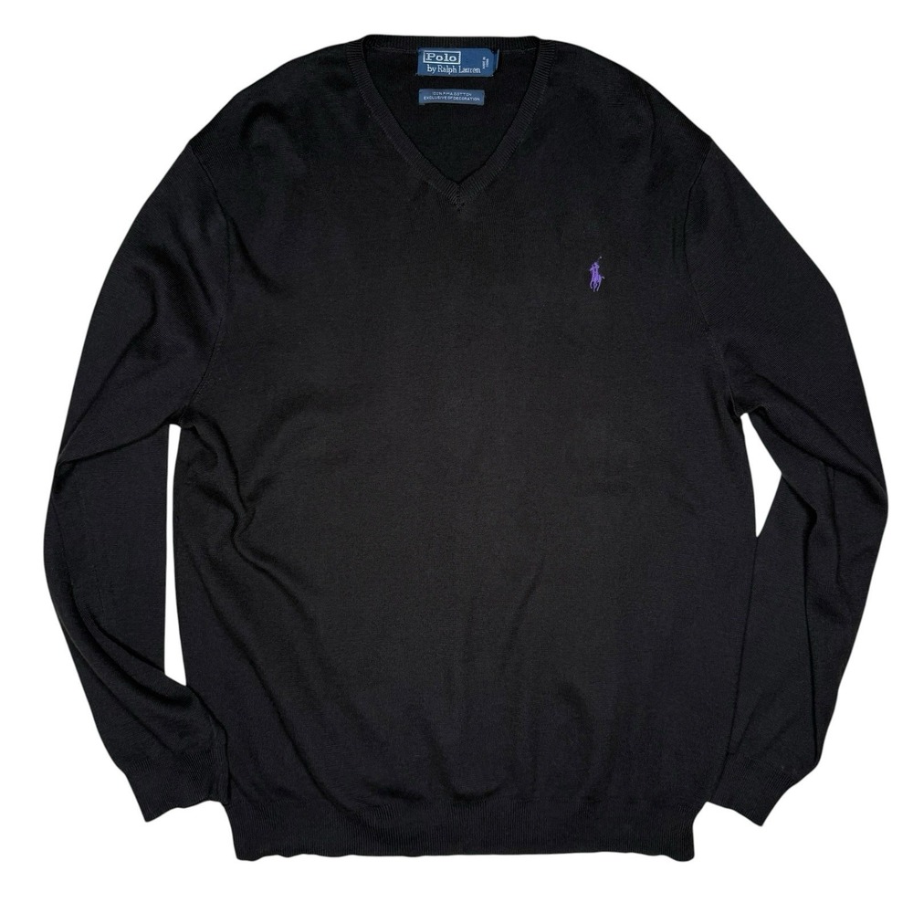 Polo Ralph Lauren Sweater Mens L Black V-Neck Pima Cotton Purple Pony Vintage